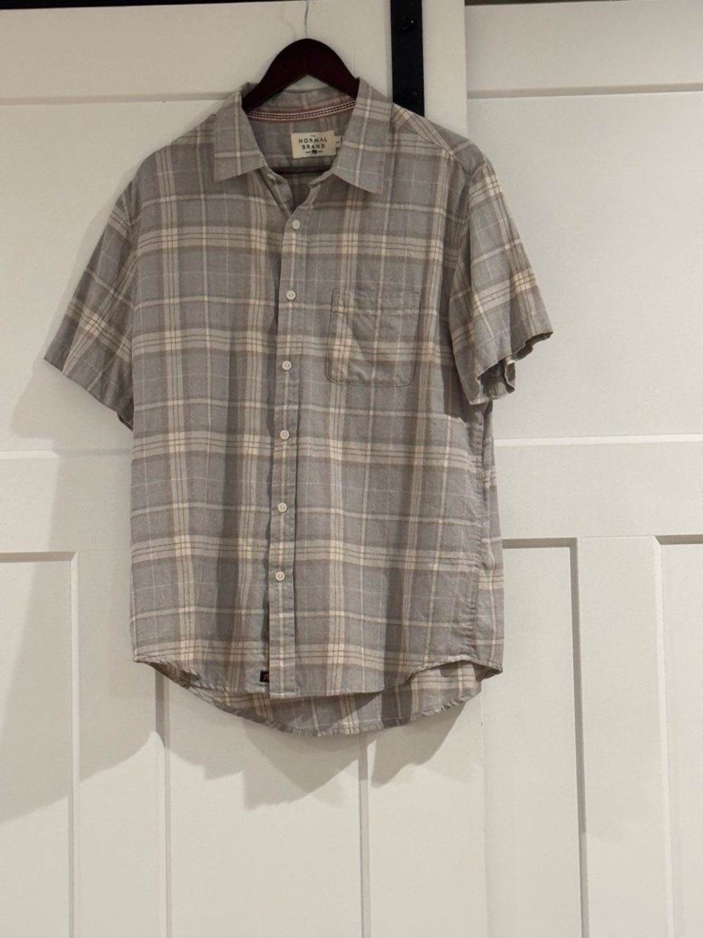 The Normal Brand Short-Sleeve Plaid Button-Up Shirt — Light Gray & Beige